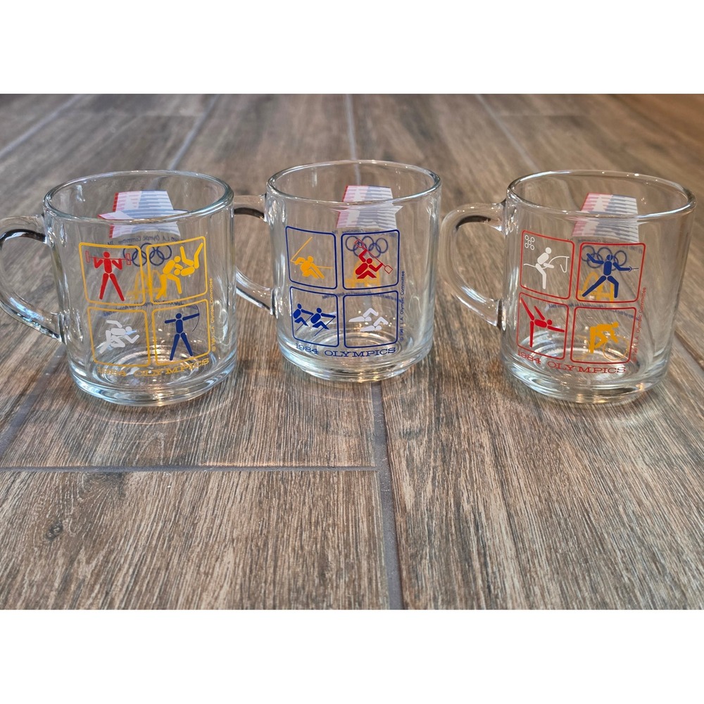 Vintage 1984 Los Angeles Olympics McDonalds Glass Mugs Set of 3 Sport Pictograms